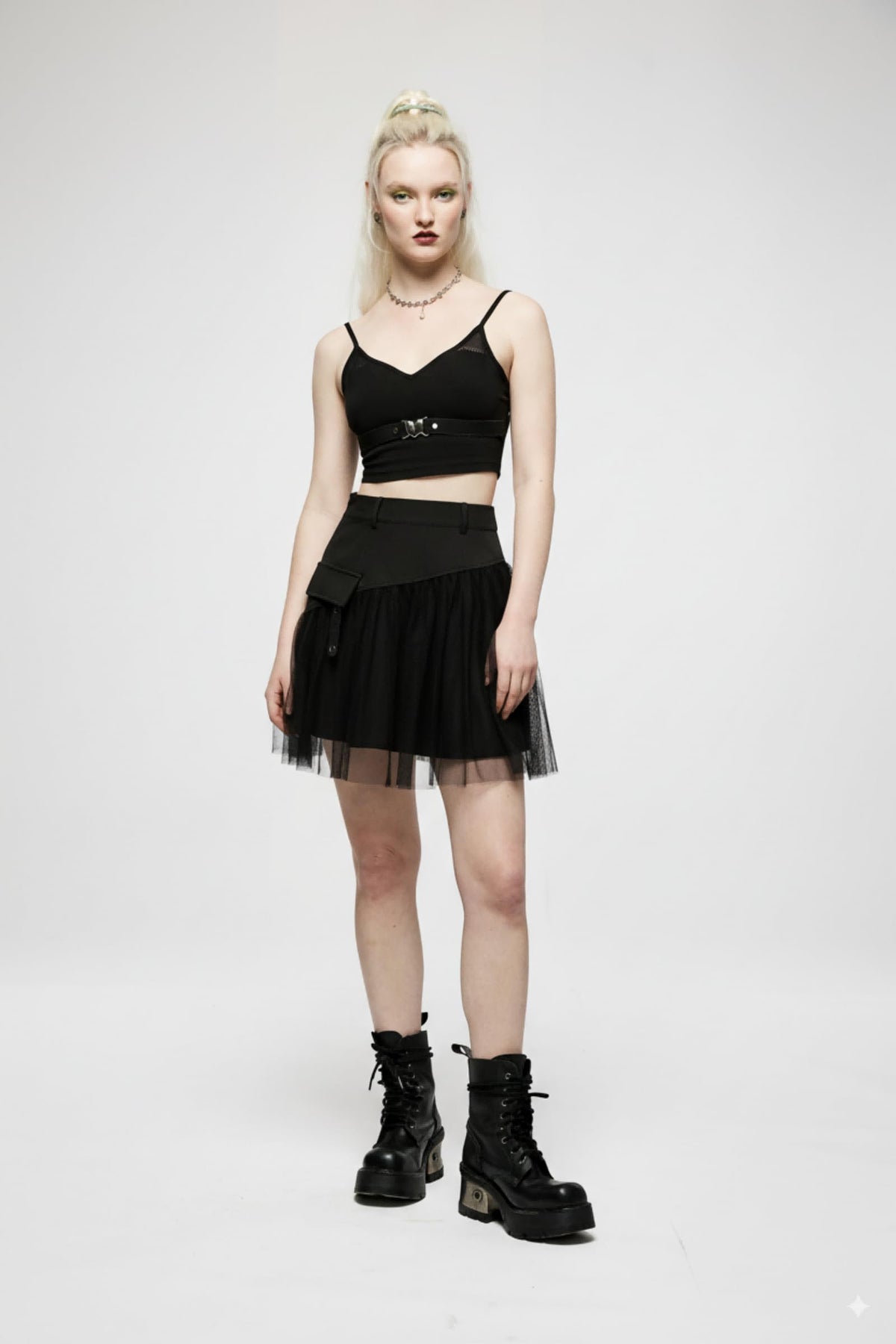PUNK RAVE DAILY Gothic Skirts Goth Mini Plaid Skirt with Tulle Punk Dunk High Waist A-Line Party Skirt