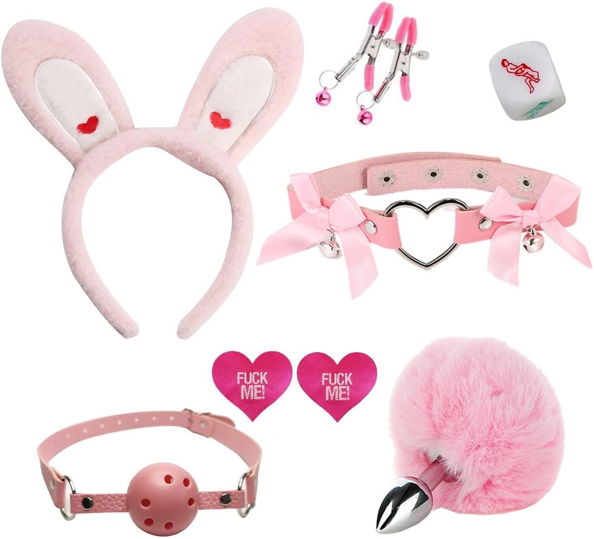 Faux Fur Fox Costume Animal Pink Short Tail Set Butt Plugs Necklace Choker Sex Dice Nipple Clamp Body Jewelry Furry Ear Headband