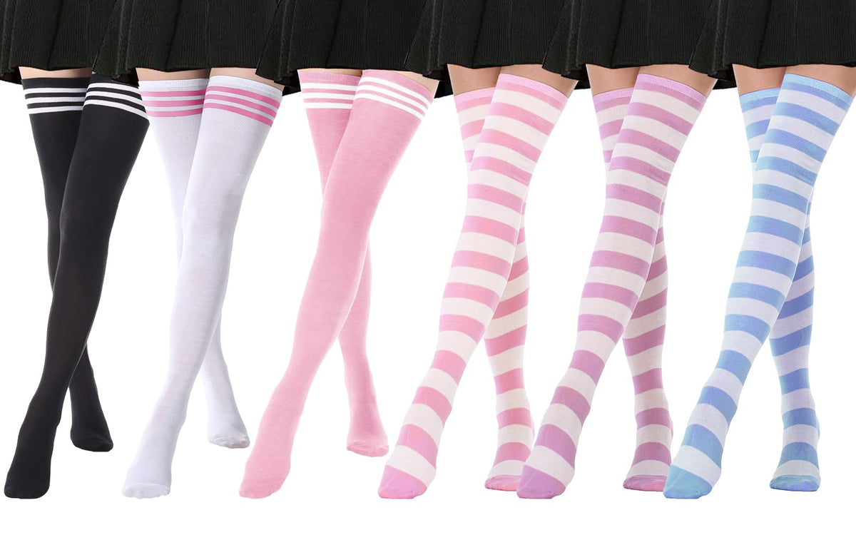 DRESHOW 6 Pairs High Thigh Socks Striped Over Knee Thin Tights Long Stocking Leg Warmer