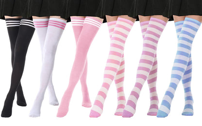 DRESHOW 6 Pairs High Thigh Socks Striped Over Knee Thin Tights Long Stocking Leg Warmer