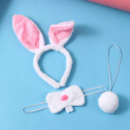 JEATHA Bunny Rabbit Plush Ears Hair Hoop Nose Cover and Rabbit Fur Tail Ball Anal Plug Cosplay Costume Props