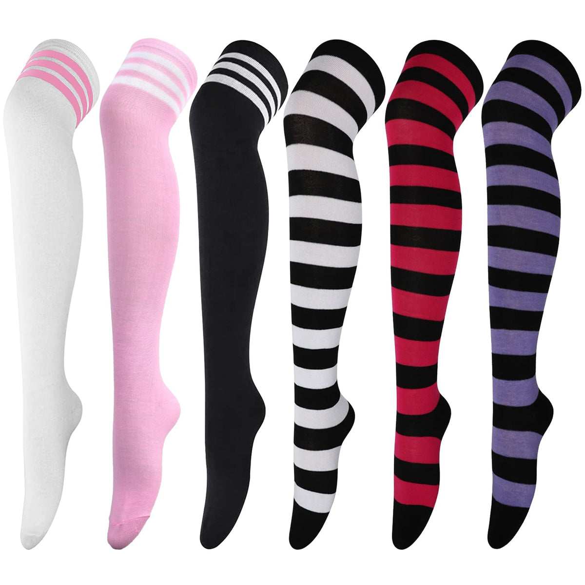 DRESHOW 6 Pairs High Thigh Socks Striped Over Knee Thin Tights Long Stocking Leg Warmer