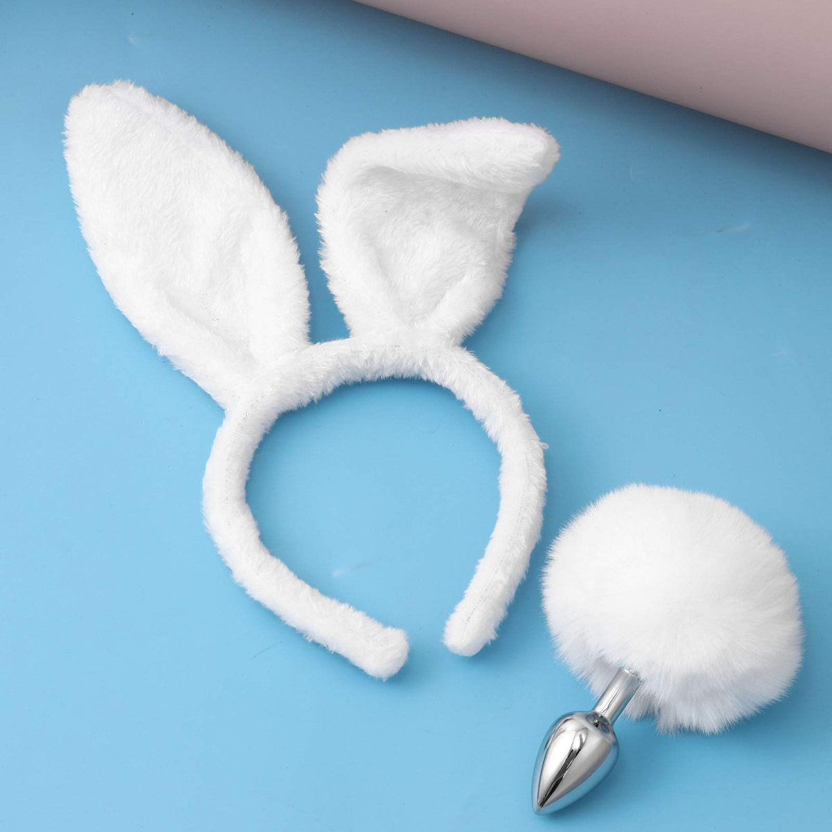 JEATHA Bunny Rabbit Plush Ears Hair Hoop Nose Cover and Rabbit Fur Tail Ball Anal Plug Cosplay Costume Props