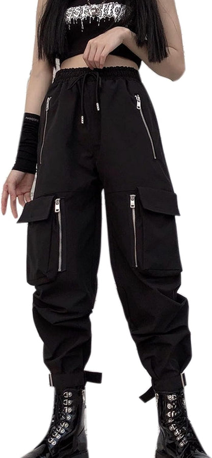 Black Cargo Pants Loose Chained Multi-Pocket Multi-Zip Punk Goth Pants