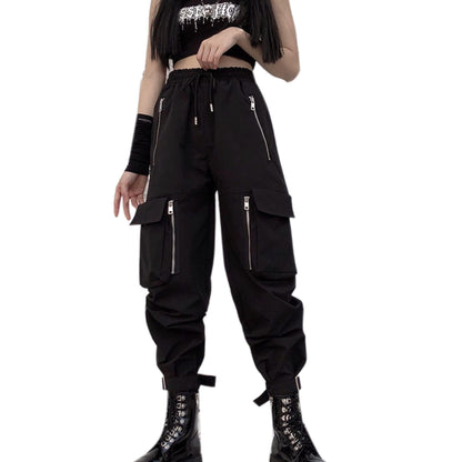 Black Cargo Pants Loose Chained Multi-Pocket Multi-Zip Punk Goth Pants