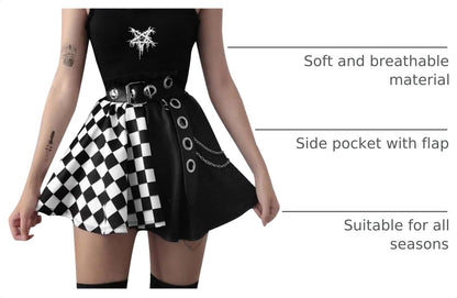 Ruolai Goth Black Pleated Mini Skirt with Chain High Waisted Tennis Skirt