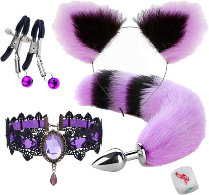 Faux Fur Fox Costume Animal Cat Long Tail Set Butt Plugs Necklace Choker Sex Dice Nipple Clamp Body Jewelry Furry Ear Headband Butt 5pc