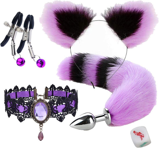 Faux Fur Fox Costume Animal Cat Long Tail Set Butt Plugs Necklace Choker Sex Dice Nipple Clamp Body Jewelry Furry Ear Headband Butt 5pc