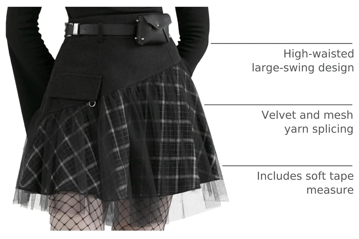PUNK RAVE DAILY Gothic Skirts Goth Mini Plaid Skirt with Tulle Punk Dunk High Waist A-Line Party Skirt