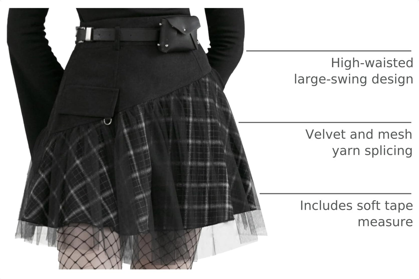 PUNK RAVE DAILY Gothic Skirts Goth Mini Plaid Skirt with Tulle Punk Dunk High Waist A-Line Party Skirt