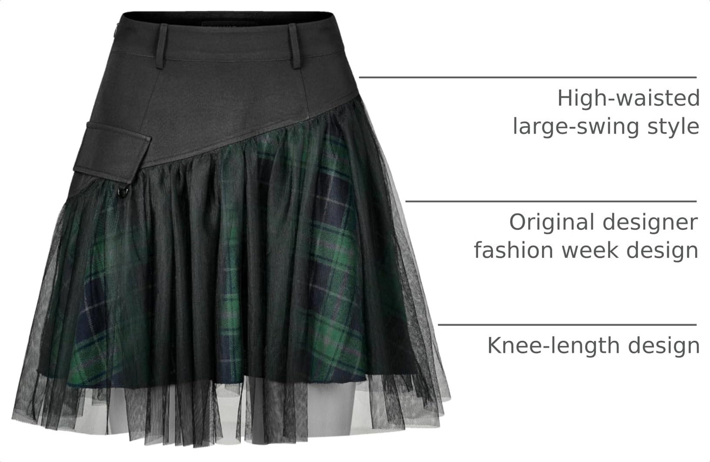 PUNK RAVE DAILY Gothic Skirts Goth Mini Plaid Skirt with Tulle Punk Dunk High Waist A-Line Party Skirt