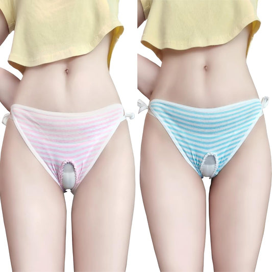 Striped Cotton Pouch Panties Underwear Pack of 2 | Cute Japanese Style Striped Bikini Panties with Soft Cotton, Pouch Design and Sissy Femboy Style for Cosplay and Daily Wear