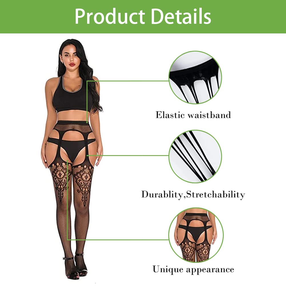 High Waist Fishnet Tights Suspenders Pantyhose Thigh High Stockings Black