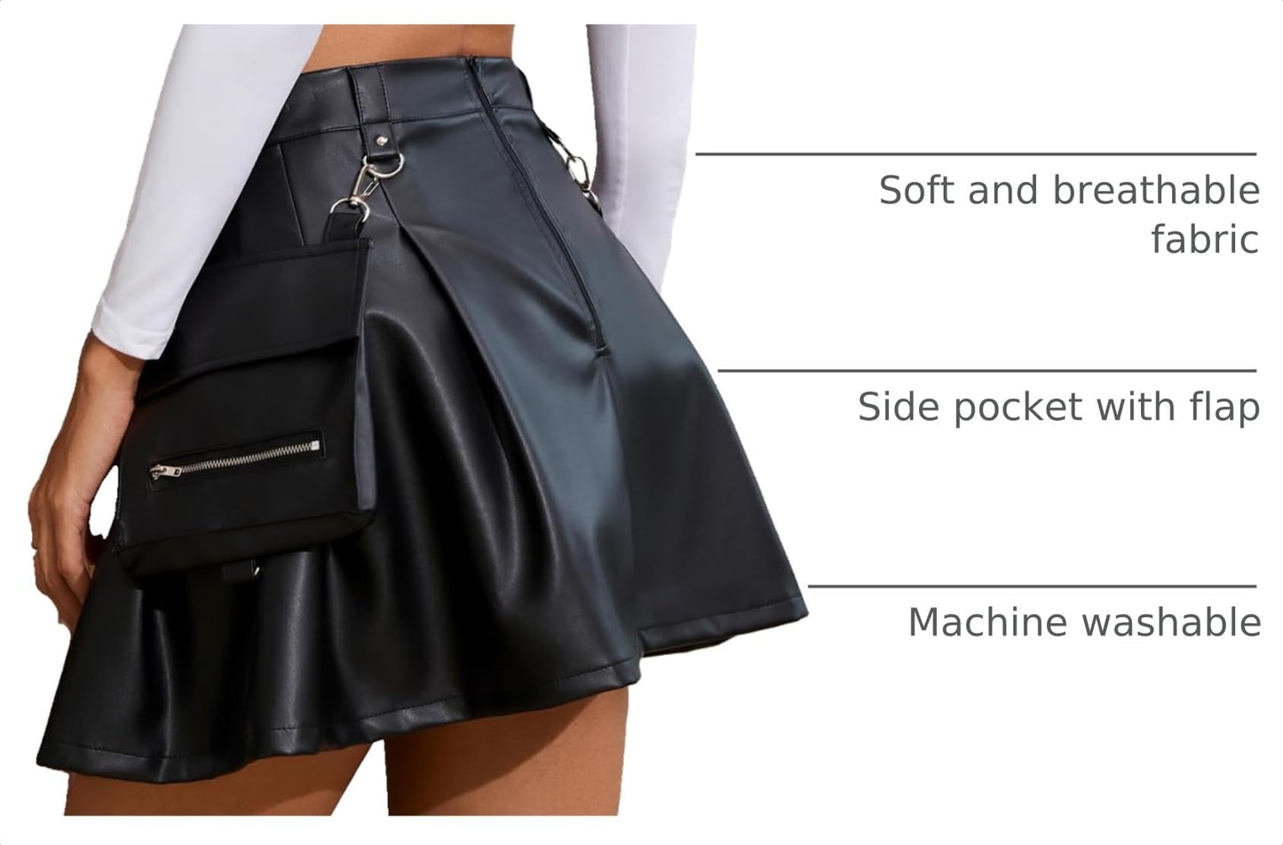 Ruolai Goth Black Pleated Mini Skirt with Chain High Waisted Tennis Skirt