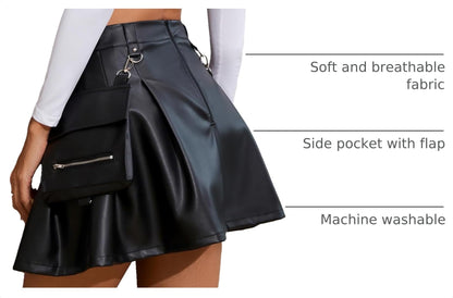 Ruolai Goth Black Pleated Mini Skirt with Chain High Waisted Tennis Skirt