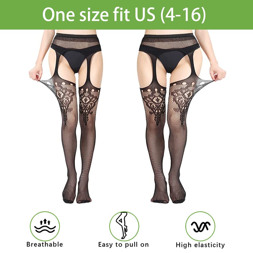 High Waist Fishnet Tights Suspenders Pantyhose Thigh High Stockings Black