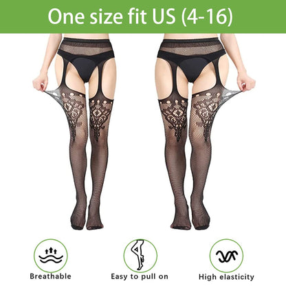 High Waist Fishnet Tights Suspenders Pantyhose Thigh High Stockings Black