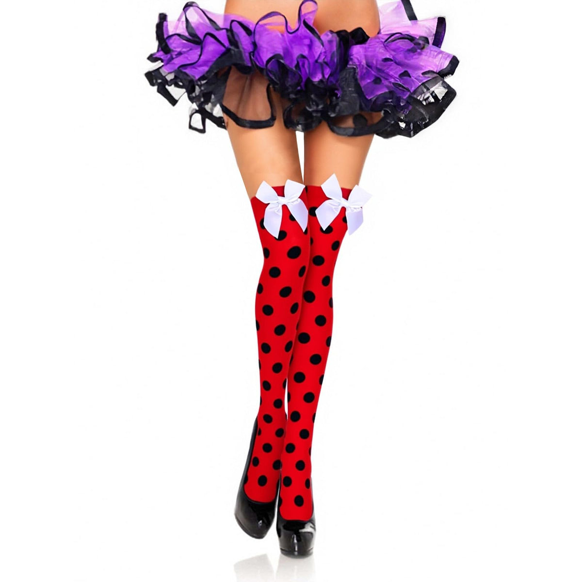 Muineobuka Knee High Scoks with Bow Cute Polka Dot Thigh High Stockings Y2K Lagybug Costume Lolita Accessories