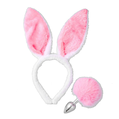 JEATHA Bunny Rabbit Plush Ears Hair Hoop Nose Cover and Rabbit Fur Tail Ball Anal Plug Cosplay Costume Props