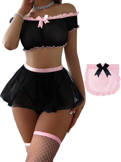 Sexy Lingerie Set 4 Piece Maid Costume with Thong 3XS-6XL | Mini Skirt with Fishnet Stockings Outfits Mesh Sheer Lace Halloween Christmas Valentine Day Boudoir