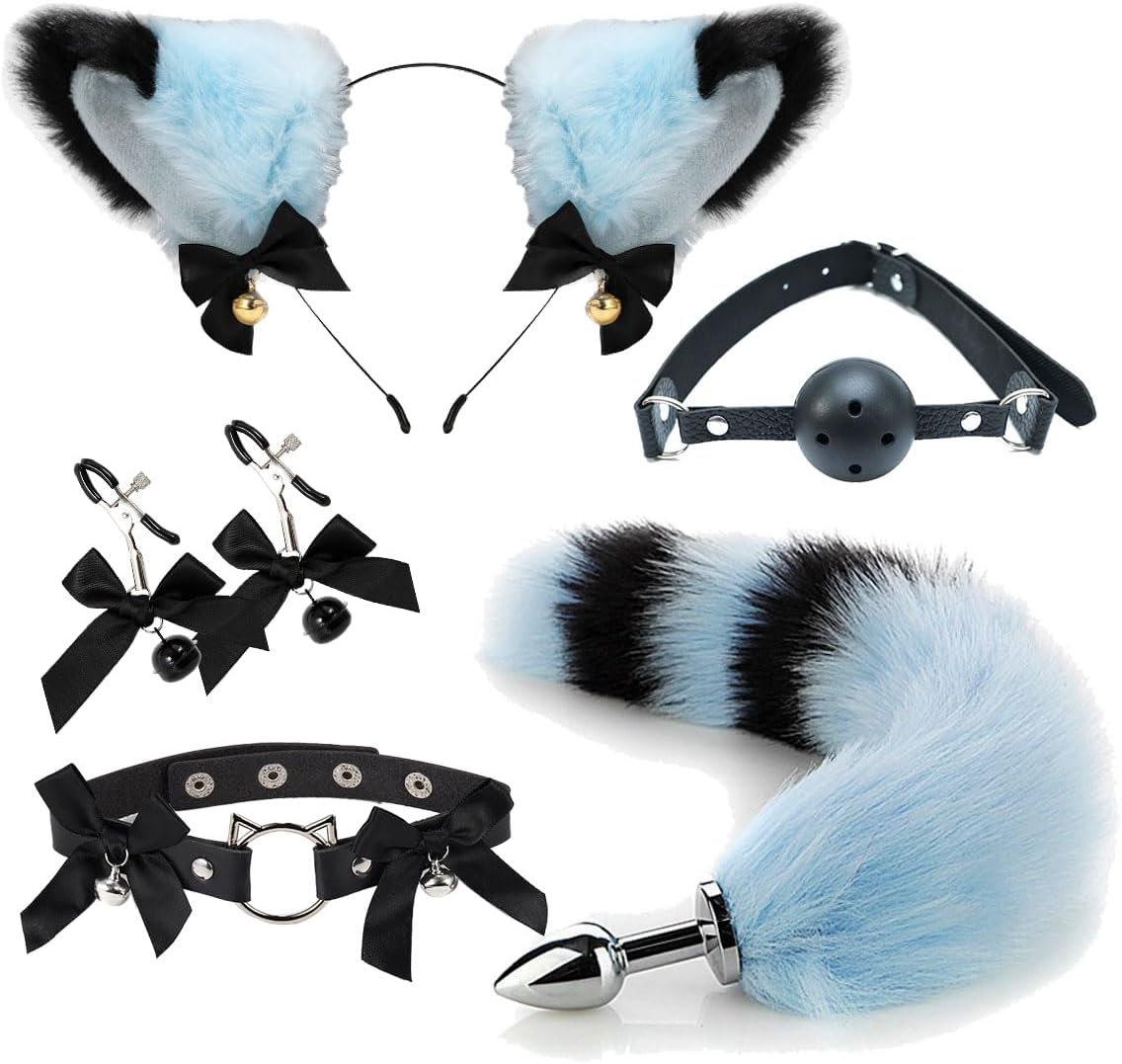 Faux Fur Fox Costume Accessories Animal Cat Long Tail Set Butt Plugs Necklace Choker Nipple Clamp Body Jewelry Furry Ear Headband Mouth Gag Ball Buttpulg Sex Animal Cosplay Costume