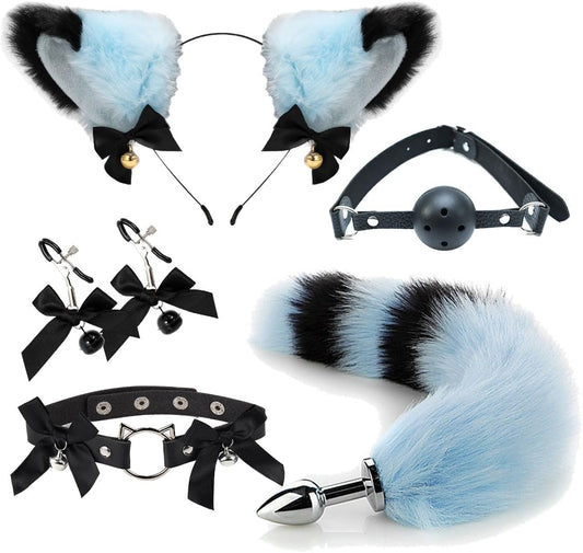 Faux Fur Fox Costume Accessories Animal Cat Long Tail Set Butt Plugs Necklace Choker Nipple Clamp Body Jewelry Furry Ear Headband Mouth Gag Ball Buttpulg Sex Animal Cosplay Costume