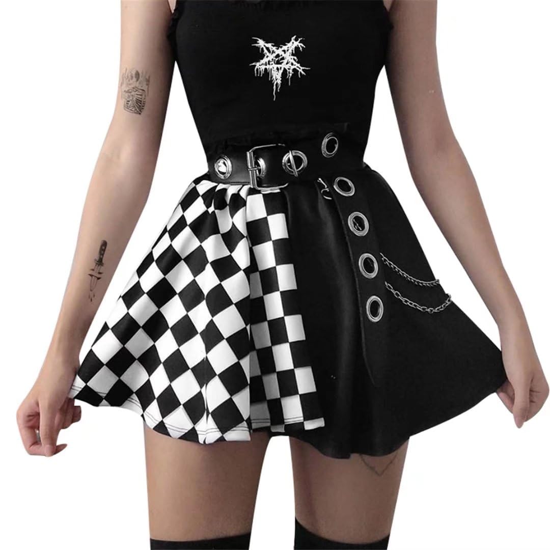 Ruolai Goth Black Pleated Mini Skirt with Chain High Waisted Tennis Skirt