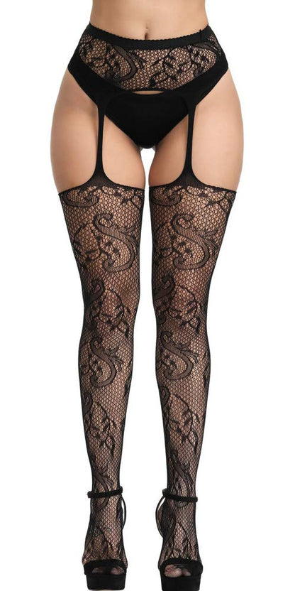 High Waist Fishnet Tights Suspenders Pantyhose Thigh High Stockings Black