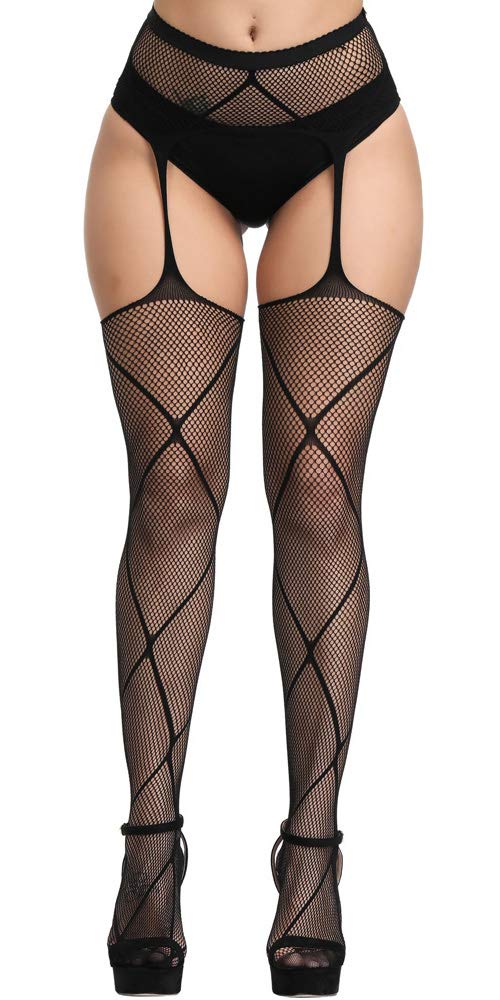 High Waist Fishnet Tights Suspenders Pantyhose Thigh High Stockings Black