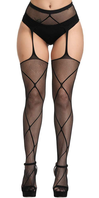 High Waist Fishnet Tights Suspenders Pantyhose Thigh High Stockings Black