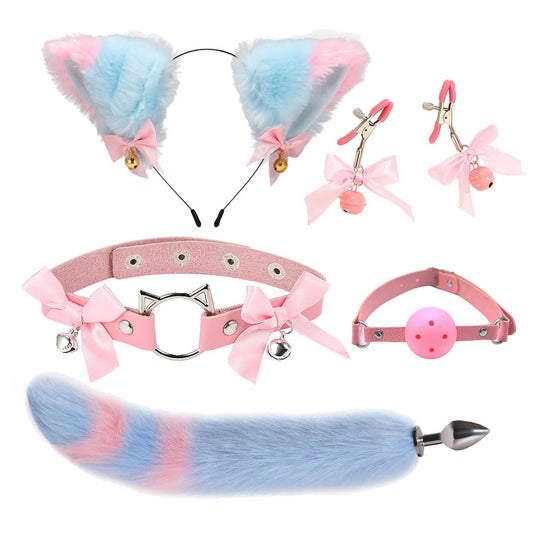 Faux Fur Fox Costume Accessories Animal Cat Long Tail Set Butt Plugs Necklace Choker Nipple Clamp Body Jewelry Furry Ear Headband Mouth Gag Ball Buttpulg Sex Animal Cosplay Costume