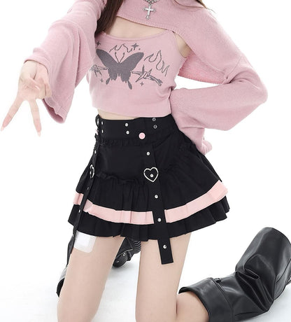 Casual Fashion High Waist A-line Mini Skirt Y2K Cute Suspenders Decoration Splicing Pleated Skirt