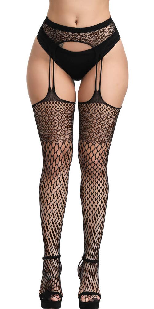 High Waist Fishnet Tights Suspenders Pantyhose Thigh High Stockings Black