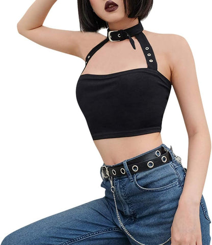 Women Sexy Choker Buckle Halter Neck Crop Tube Top Rave Dance Cami Bandeau Tops