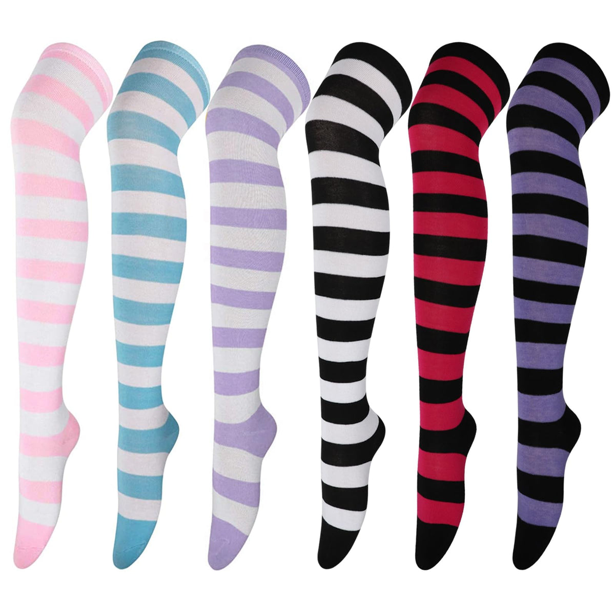 DRESHOW 6 Pairs High Thigh Socks Striped Over Knee Thin Tights Long Stocking Leg Warmer