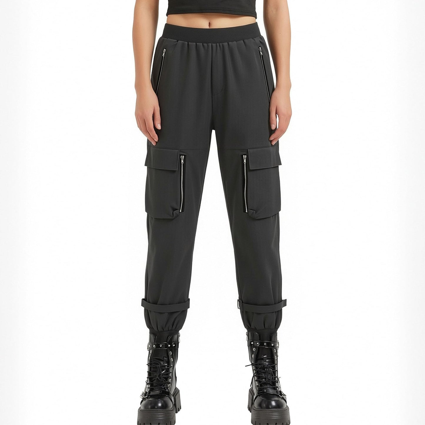 Black Cargo Pants Loose Chained Multi-Pocket Multi-Zip Punk Goth Pants