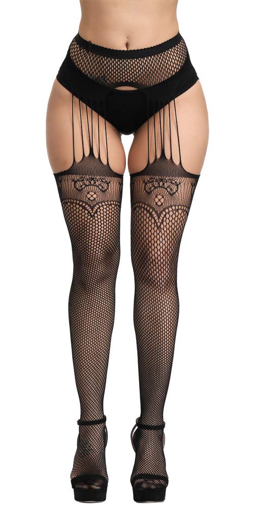 High Waist Fishnet Tights Suspenders Pantyhose Thigh High Stockings Black