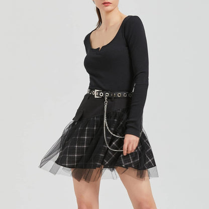 PUNK RAVE DAILY Gothic Skirts Goth Mini Plaid Skirt with Tulle Punk Dunk High Waist A-Line Party Skirt