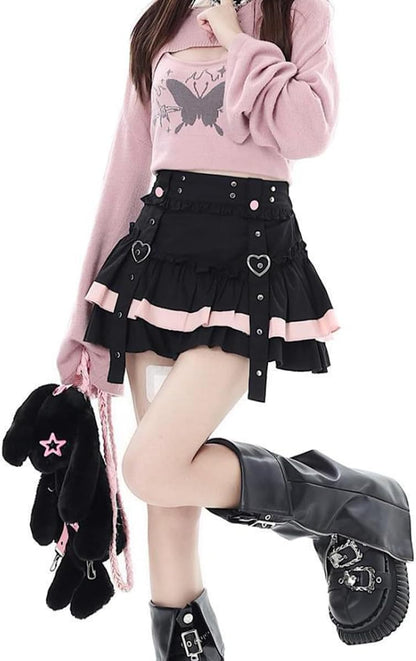 Casual Fashion High Waist A-line Mini Skirt Y2K Cute Suspenders Decoration Splicing Pleated Skirt