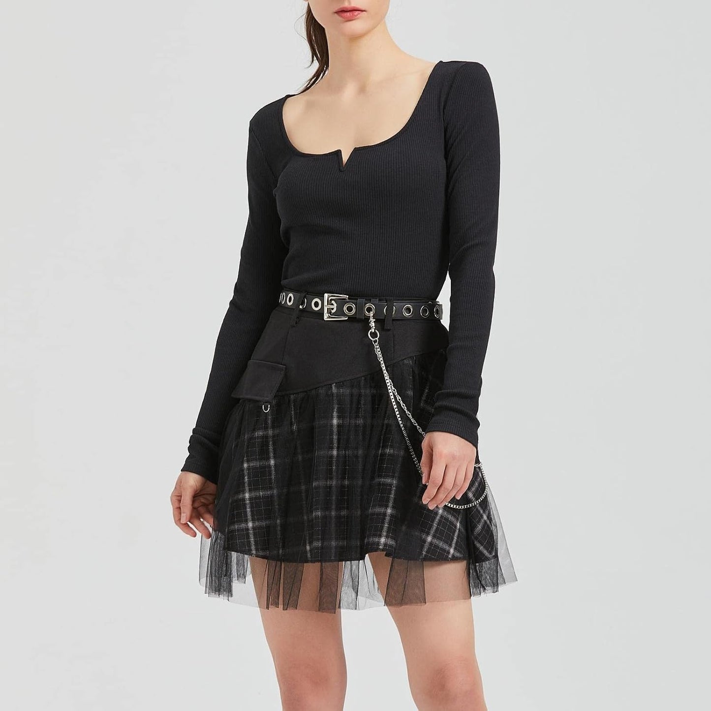 PUNK RAVE DAILY Gothic Skirts Goth Mini Plaid Skirt with Tulle Punk Dunk High Waist A-Line Party Skirt