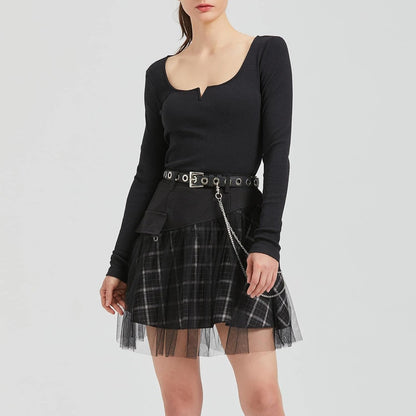 PUNK RAVE DAILY Gothic Skirts Goth Mini Plaid Skirt with Tulle Punk Dunk High Waist A-Line Party Skirt