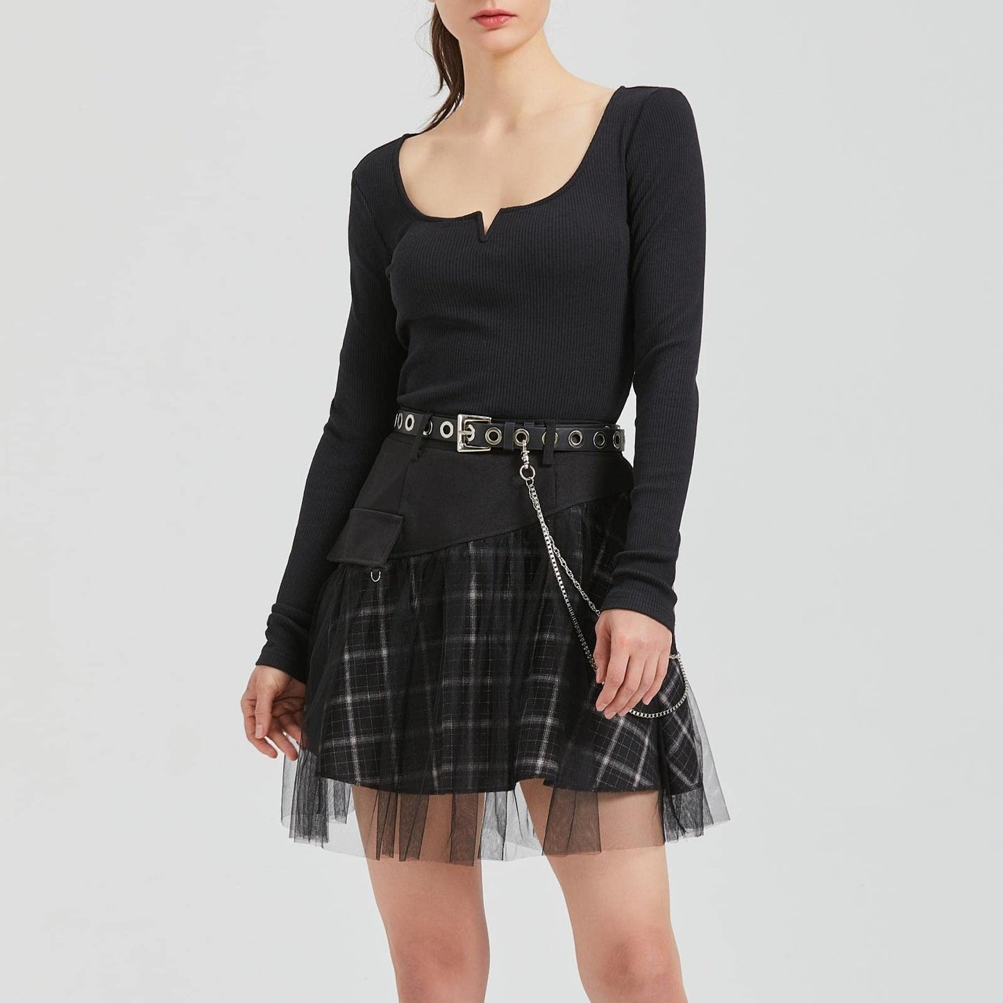 PUNK RAVE DAILY Gothic Skirts Goth Mini Plaid Skirt with Tulle Punk Dunk High Waist A-Line Party Skirt