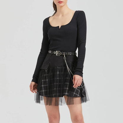 PUNK RAVE DAILY Gothic Skirts Goth Mini Plaid Skirt with Tulle Punk Dunk High Waist A-Line Party Skirt