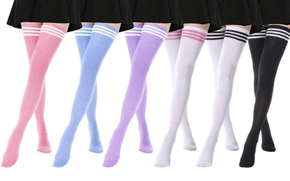 DRESHOW 6 Pairs High Thigh Socks Striped Over Knee Thin Tights Long Stocking Leg Warmer