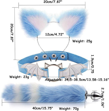 Animal Cosplay Costume Furry Fox Tail Plug Cute Ears Headband Bat Style Neck Collar Set