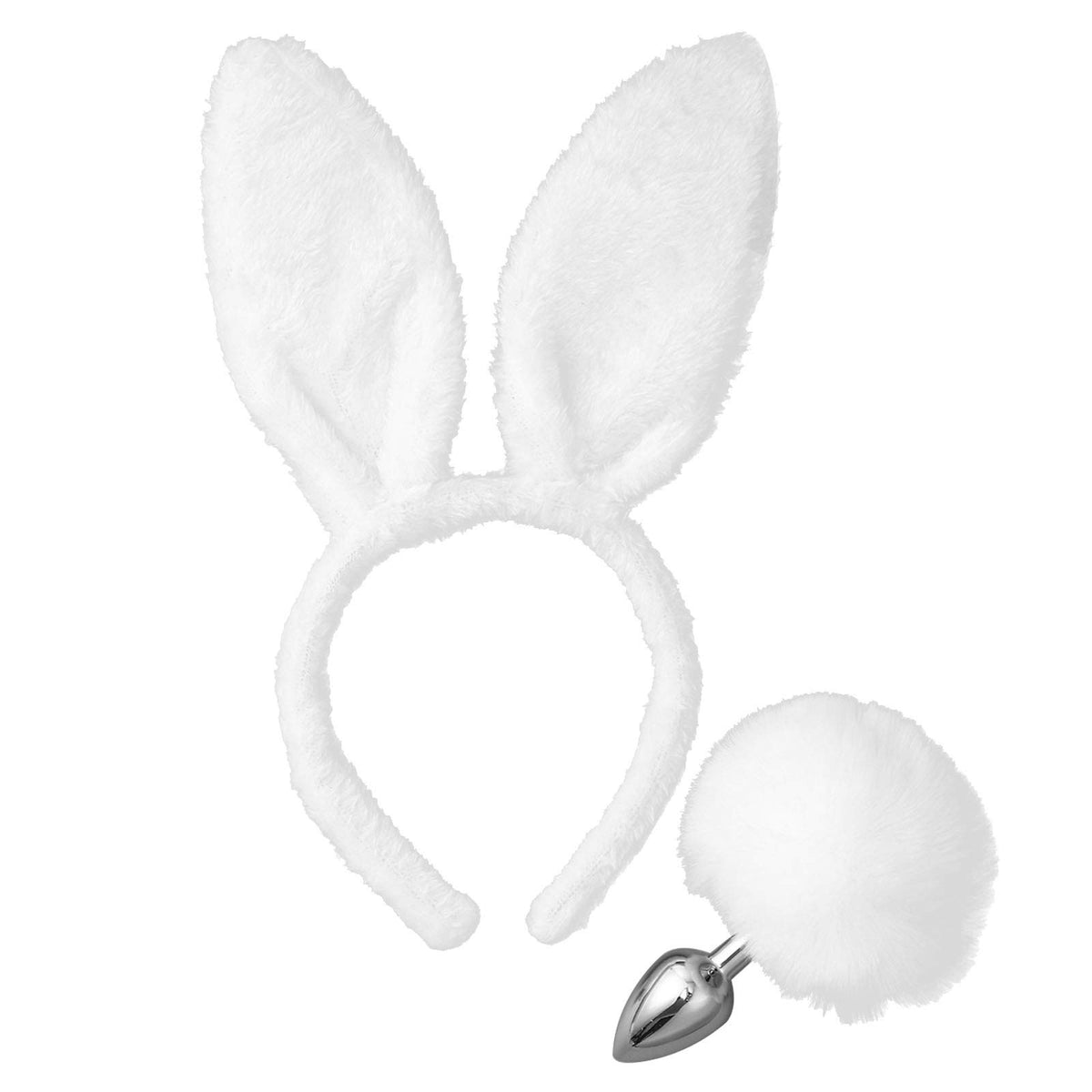 JEATHA Bunny Rabbit Plush Ears Hair Hoop Nose Cover and Rabbit Fur Tail Ball Anal Plug Cosplay Costume Props