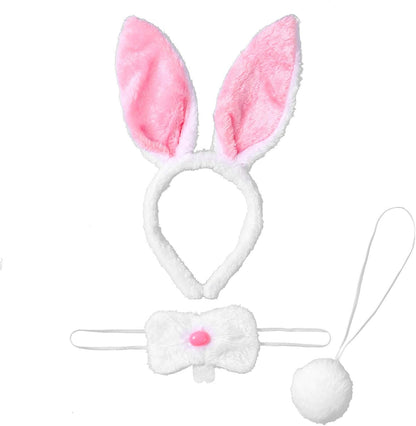 JEATHA Bunny Rabbit Plush Ears Hair Hoop Nose Cover and Rabbit Fur Tail Ball Anal Plug Cosplay Costume Props