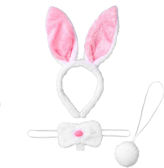 JEATHA Bunny Rabbit Plush Ears Hair Hoop Nose Cover and Rabbit Fur Tail Ball Anal Plug Cosplay Costume Props