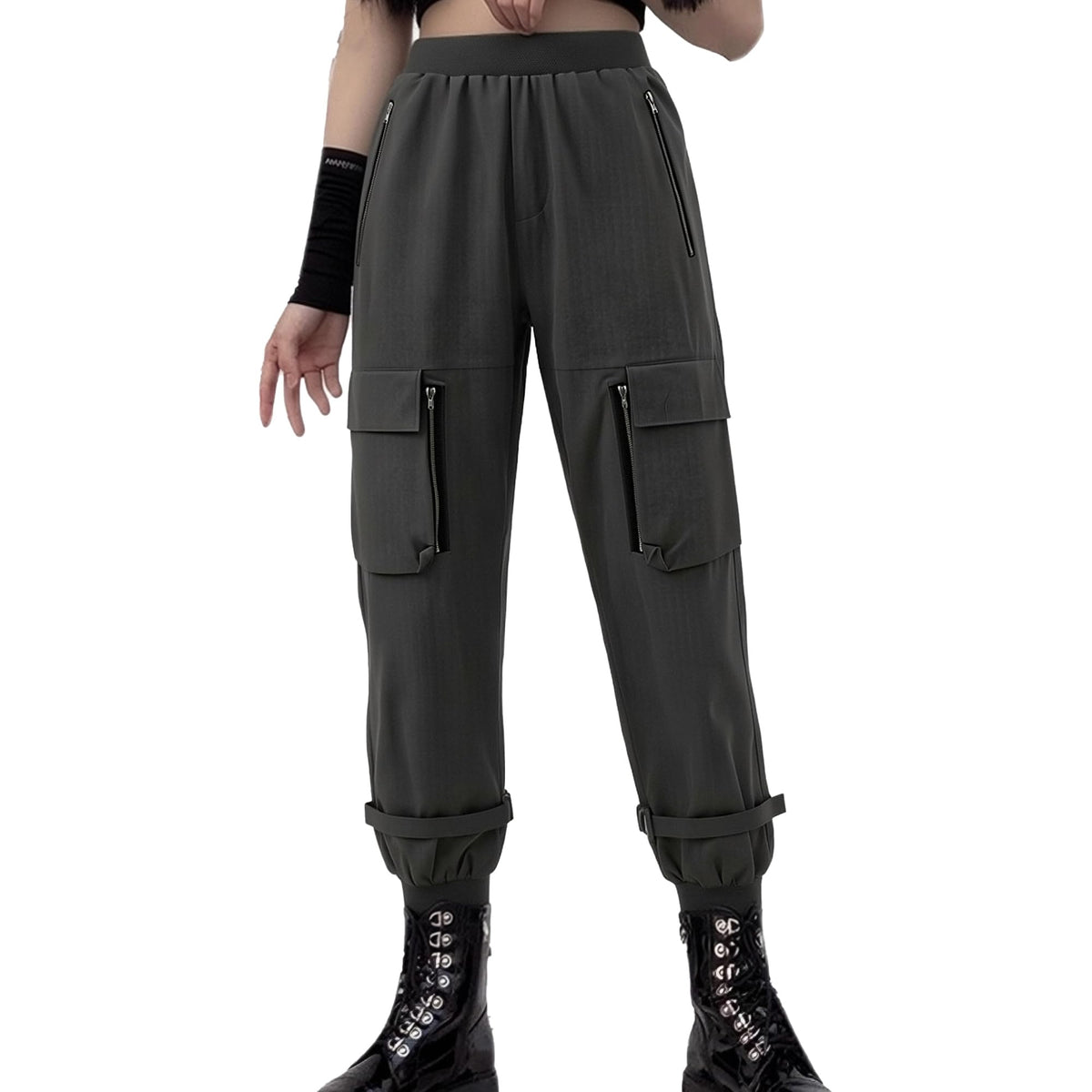 Black Cargo Pants Loose Chained Multi-Pocket Multi-Zip Punk Goth Pants
