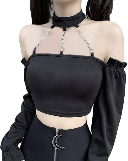 Kisswow Long Sleeves Goth Crop Top Chain Harajuku Femboy Alt Punk Outfits for Women